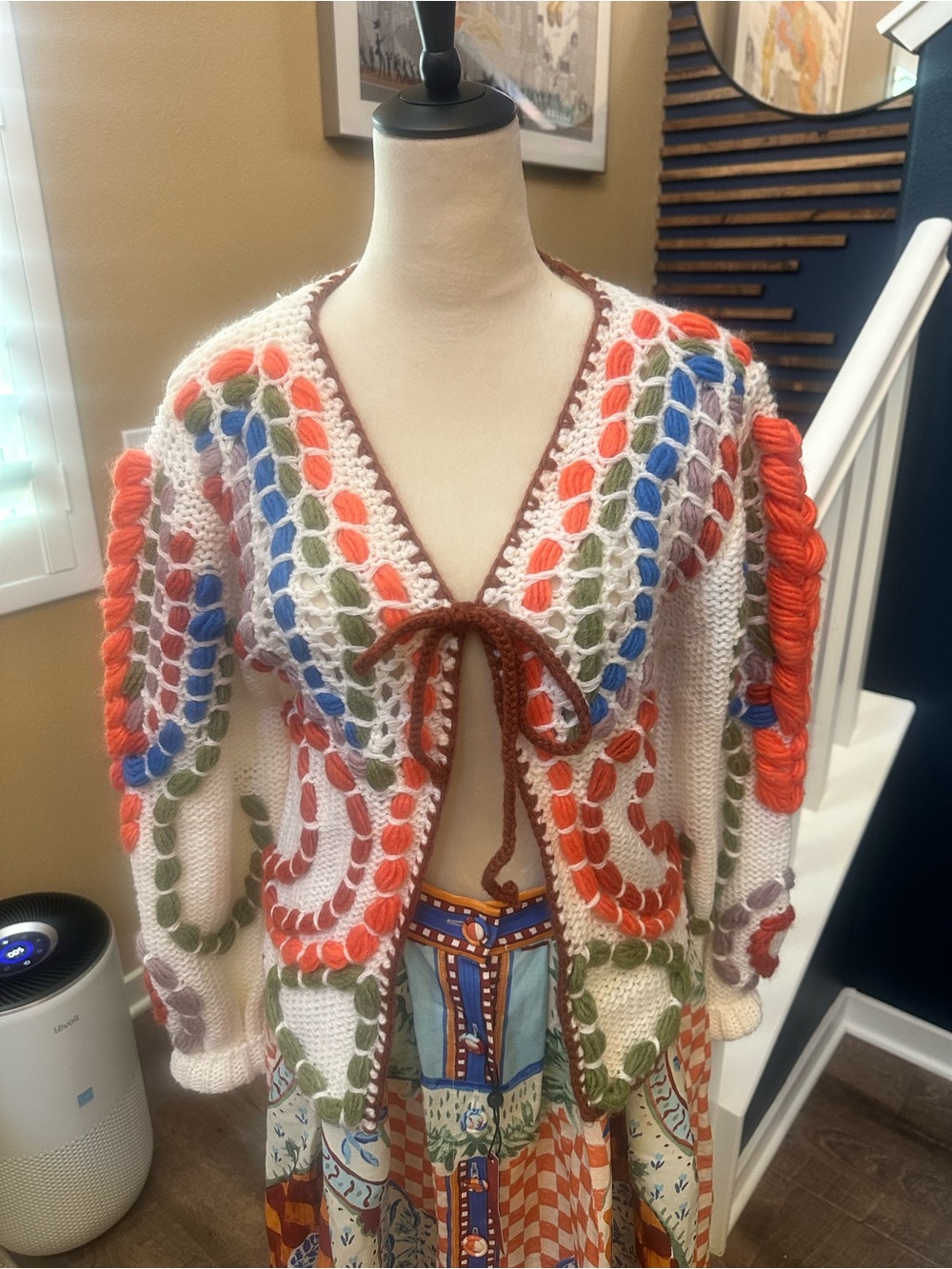 HUNTER BELL White Open-Knit V-Neck Cardigan with Multicolor Braided Accents